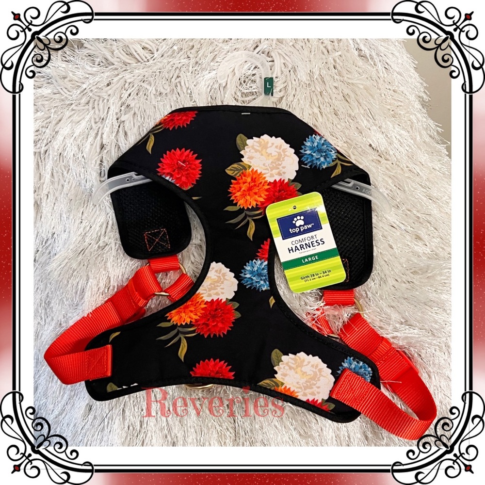 L Petsmart Comfort Floral Dog Harness Red Gold Black Puppy Flower Fabric LARGE